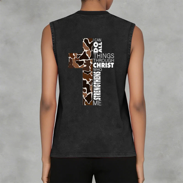I Can Do All Things Through Christ Camo Cross Washed Tank Top