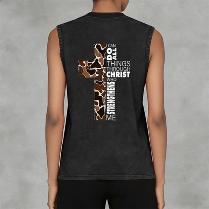 I Can Do All Things Through Christ Camo Cross Washed Tank Top