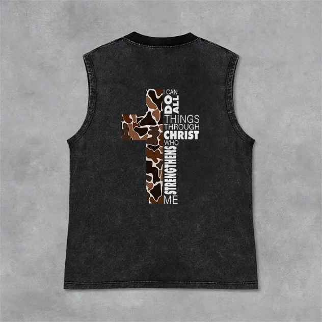 I Can Do All Things Through Christ Camo Cross Washed Tank Top