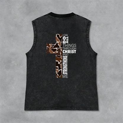 I Can Do All Things Through Christ Camo Cross Washed Tank Top