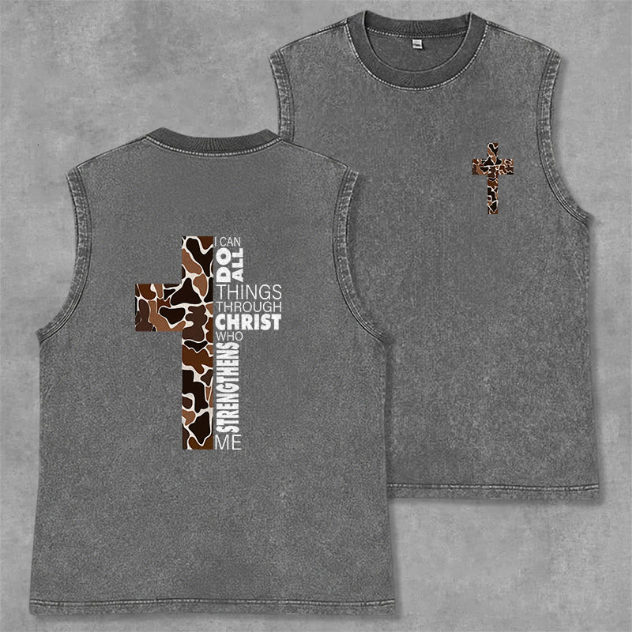 I Can Do All Things Through Christ Camo Cross Washed Tank Top