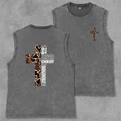 I Can Do All Things Through Christ Camo Cross Washed Tank Top