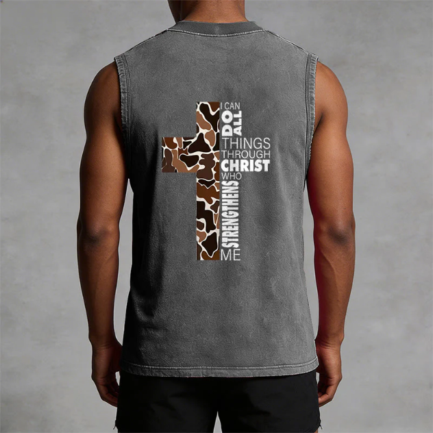 I Can Do All Things Through Christ Camo Cross Washed Tank Top