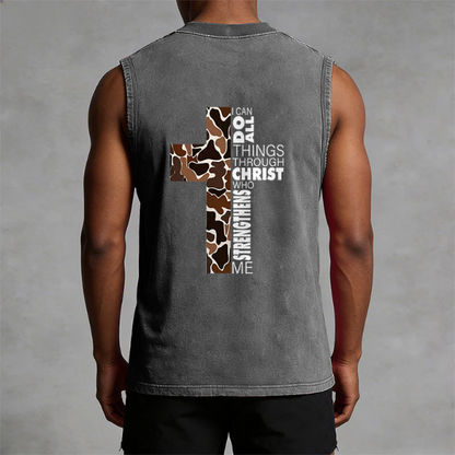 I Can Do All Things Through Christ Camo Cross Washed Tank Top