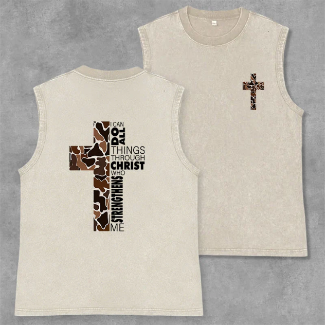 I Can Do All Things Through Christ Camo Cross Washed Tank Top