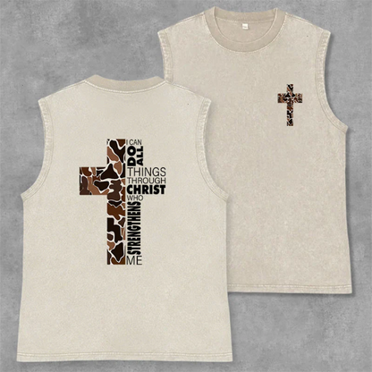 I Can Do All Things Through Christ Camo Cross Washed Tank Top