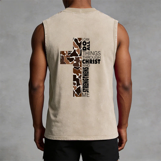 I Can Do All Things Through Christ Camo Cross Washed Tank Top
