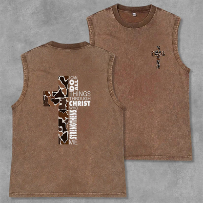 I Can Do All Things Through Christ Camo Cross Washed Tank Top