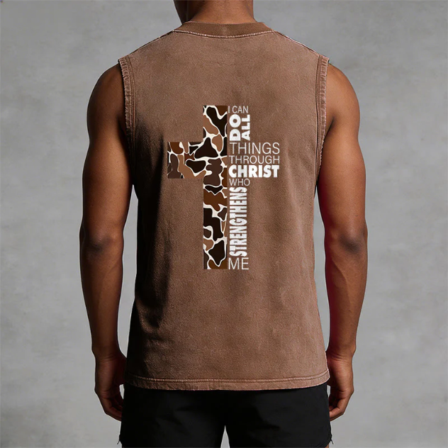 I Can Do All Things Through Christ Camo Cross Washed Tank Top