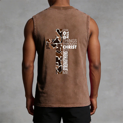 I Can Do All Things Through Christ Camo Cross Washed Tank Top