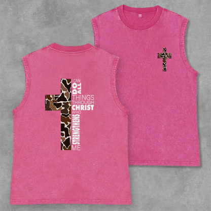 I Can Do All Things Through Christ Camo Cross Washed Tank Top