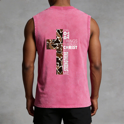 I Can Do All Things Through Christ Camo Cross Washed Tank Top