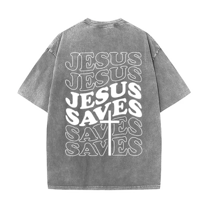 Jesus Saves Cross Graphic Unisex Washed T-Shirt