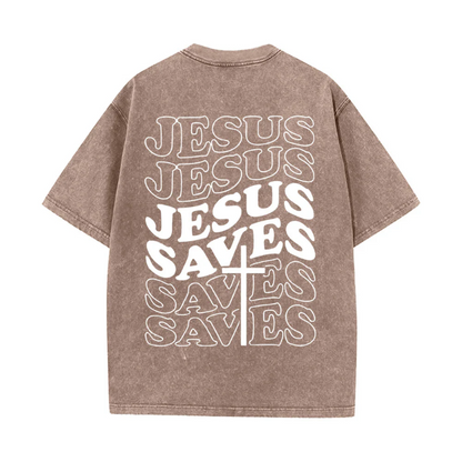 Jesus Saves Cross Graphic Unisex Washed T-Shirt