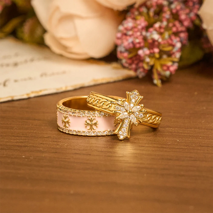Zircon Cross Enamel Fleur-de-Lis Ring Set