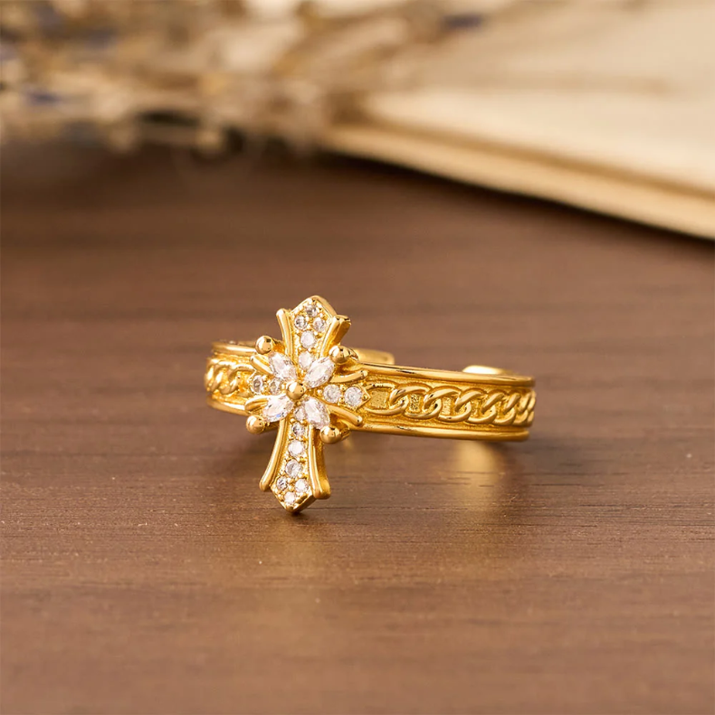 Zircon Cross Enamel Fleur-de-Lis Ring Set