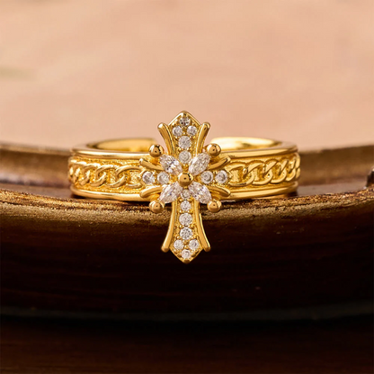 Zircon Cross Enamel Fleur-de-Lis Ring Set