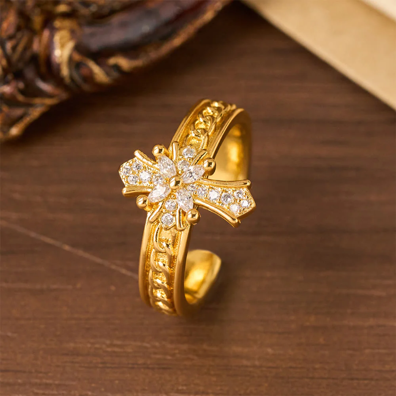 Zircon Cross Enamel Fleur-de-Lis Ring Set