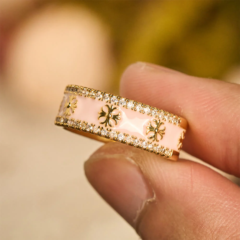 Zircon Cross Enamel Fleur-de-Lis Ring Set